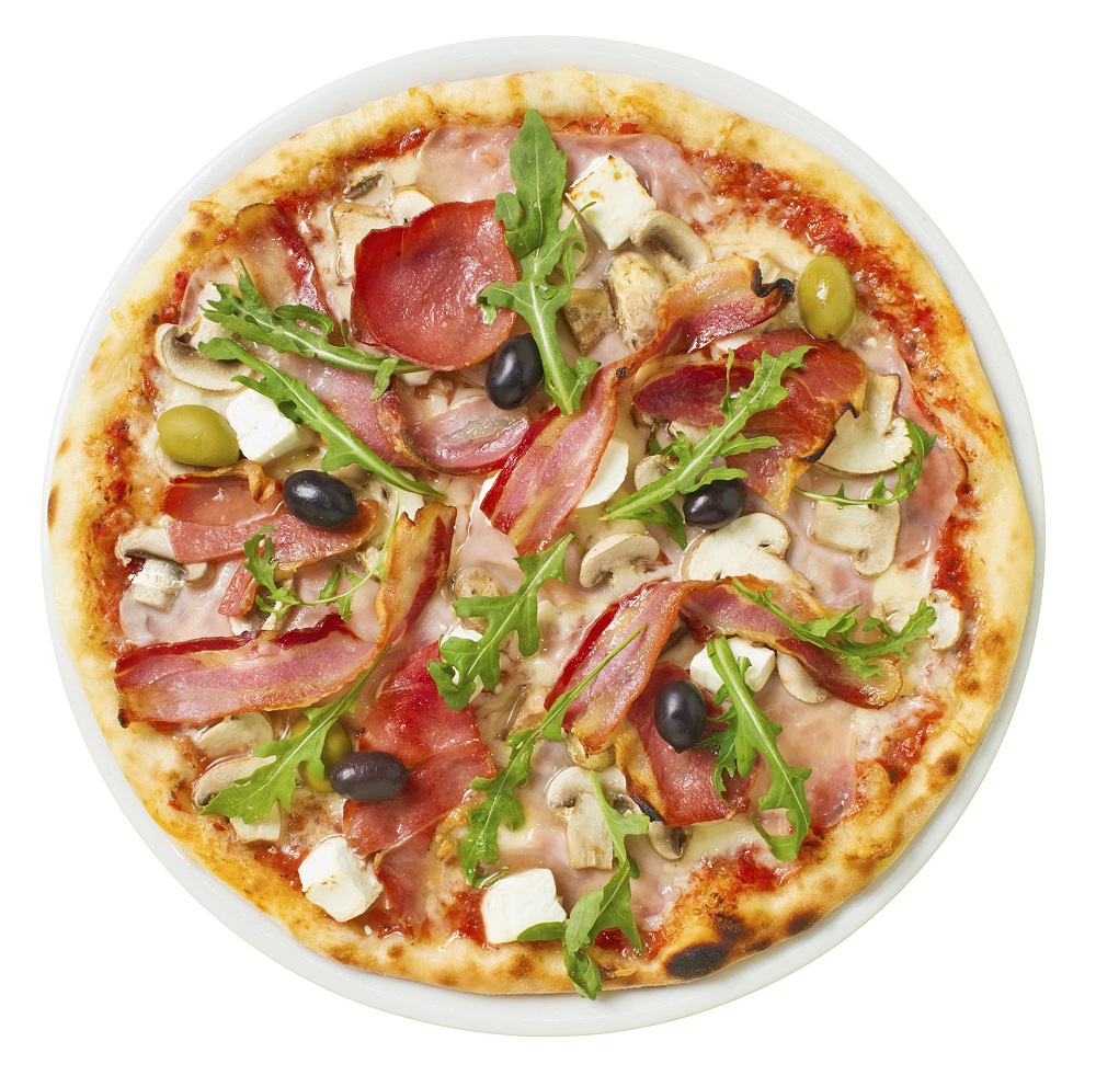 Overhead shot of tasty pizza with plenty of fresh toppings
