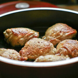 Braised Chicken with Mushrooms, Lemon and Chorizo In My New Nordic Ware Braiser