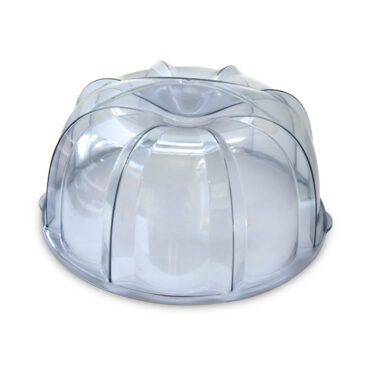 Clear plastic dome cover with aluminum base for protecting and displaying bundt cakes