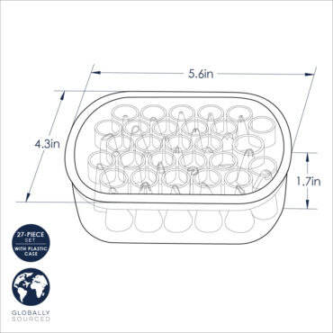 Nordic Ware 27-piece decorating tip set with various piping tips arranged in rows, silver metal finish