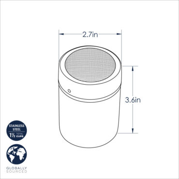 Nordic Ware aluminum powdered sugar duster with fine mesh screen lid, cylindrical canister in natural silver finish