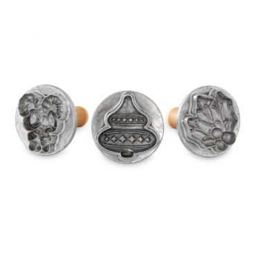 Nordic Ware set of 3 cast aluminum holiday cookie stamps with wooden handles, featuring ornament, mitten, and holly designs