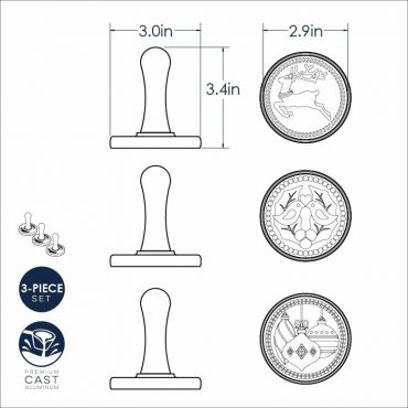 Nordic Ware Yuletide cookie stamps dimensional drawing showing three aluminum stamps with Christmas designs and measurements
