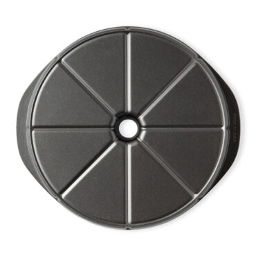 Nordic Ware aluminum scone pan bottom view, showing 8 triangular wedge-shaped cavities in natural silver finish