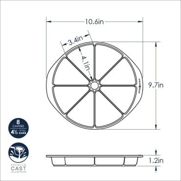 Nordic Ware Scottish Scone & Cornbread Pan dimensional drawing showing cast aluminum pan with 8 triangular wedge sections