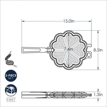 Nordic Ware Sweetheart Waffler technical diagram showing dimensions and heart-shaped waffle pattern details
