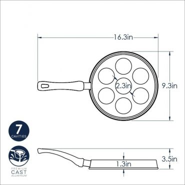 Nordic Ware cast aluminum ebelskiver pan with seven round indentations, dark gray non-stick surface