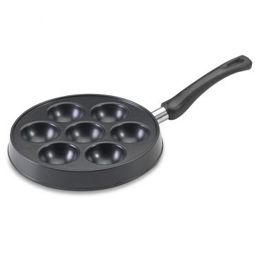 Nordic Ware cast aluminum ebelskiver pan with 7 round wells, cream colored non-stick interior