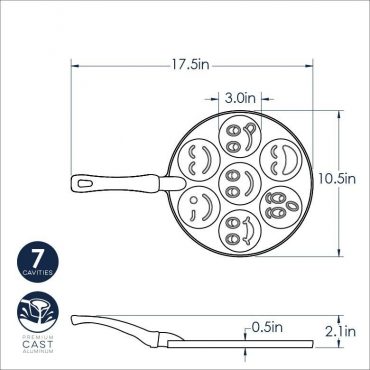 Nordic Ware cast aluminum smiley face pancake pan with seven circular wells forming happy face shapes