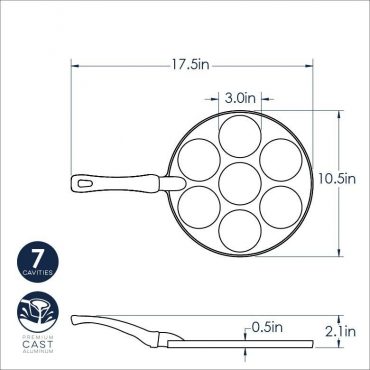 Nordic Ware aluminum silver dollar pancake pan with 7 round cavities, natural finish, dimensional diagram overlay