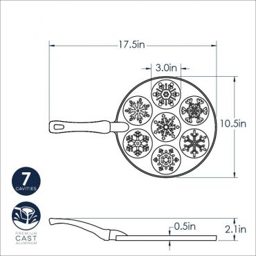 Nordic Ware aluminum pancake pan with six snowflake-shaped wells, natural silver finish