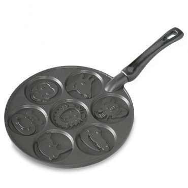 Nordic Ware aluminum pancake pan with six animal-shaped wells including elephant, lion, and other zoo friends