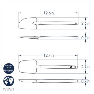 Two large black nylon cooking spatulas with ergonomic handles, showing front and side view dimensions