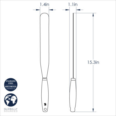 Nordic Ware straight icing spatula with stainless steel blade and wooden handle, shown with dimensional measurements