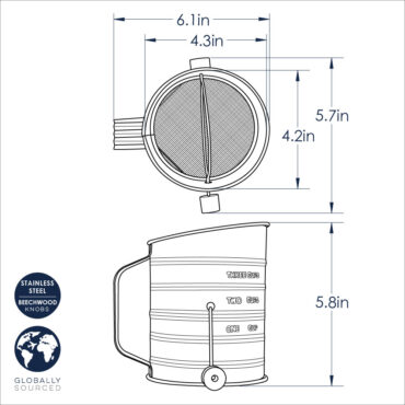 Nordic Ware aluminum flour sifter with hand crank handle, cylindrical shape with fine mesh screen