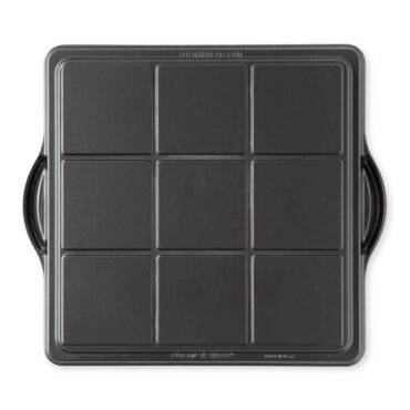 Nordic Ware aluminum shortbread pan back view, circular with 8 triangular wedge sections, natural silver finish