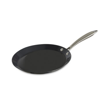 Nordic Ware traditional French steel crepe pan, round with low slanted sides and long handle, dark steel finish