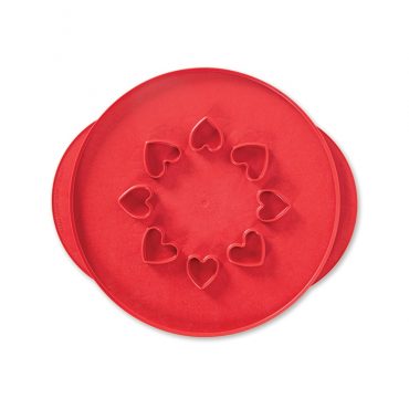 Nordic Ware aluminum pie top cutter tool with lattice pattern on one side and heart shapes on reverse