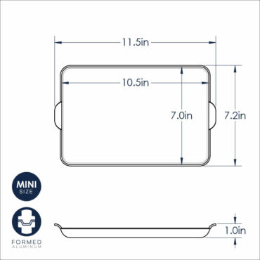 Nordic Ware mini griddle pan dimensional diagram showing 11.5x7.2 inch rectangular cookware with 1-inch depth