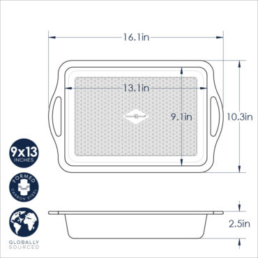 Nordic Ware Treat aluminum 9x13 cake pan with textured bottom and integrated handles, silver finish
