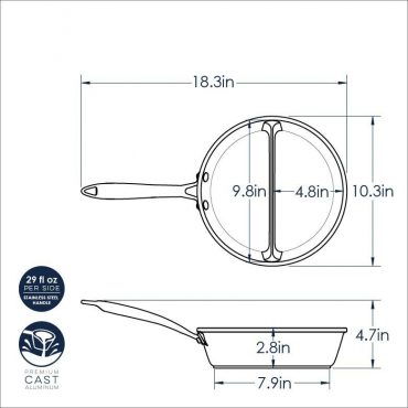 Technical diagram showing Nordic Ware 2-in-1 divided saucepan with measurements and dimensional specifications