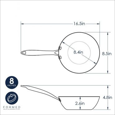 Nordic Ware 8-inch wok dimensional drawing showing top and side views with measurements and spun formed aluminum construction