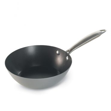 Nordic Ware 8-inch aluminum wok with dark non-stick interior coating and stainless steel handle