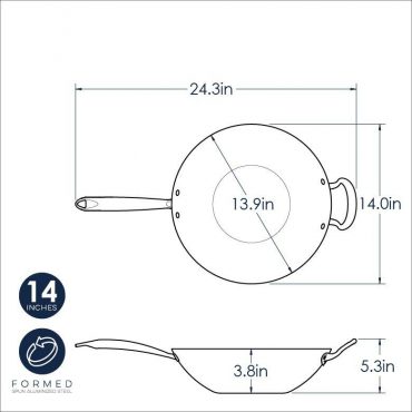 Nordic Ware 14-inch aluminum wok technical drawing showing dimensions and spun-formed construction details