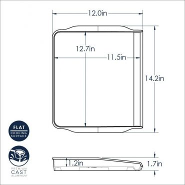 Nordic Ware cast aluminum griddle with backsplash, dimensional drawing showing 12x14 inch measurements