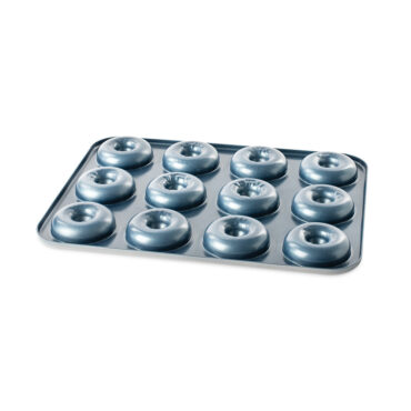 Nordic Ware aluminum mini donut pan with 12 cavities, twilight blue non-stick exterior finish