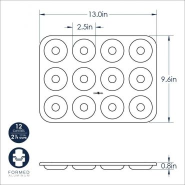 Nordic Ware aluminum mini donut pan dimensional drawing showing 12-cavity layout with measurements