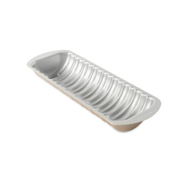 Nordic Ware aluminum loaf pan interior showing detailed ridged design for cinnamon bread, gold-toned finish