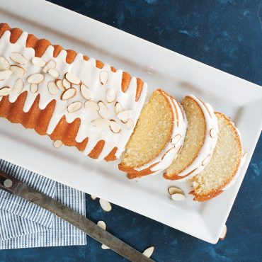 Nordic Ware aluminum loaf pan with detailed almond-shaped design molded into bottom, natural silver finish