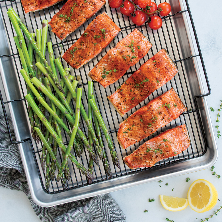Visit One Pan Salmon, Asparagus & Tomato Bake with Creamy Lemon Butter Sauce Recipe