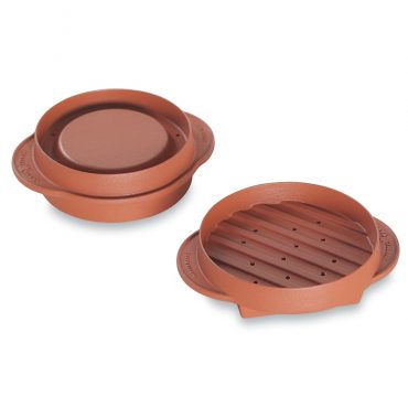 White plastic Nordic Ware stuffed burger maker with ridged pressing surface and handle, kitchen tool for forming patties
