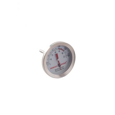 Nordic Ware stainless steel kettle smoker thermometer with white dial face and red temperature markings