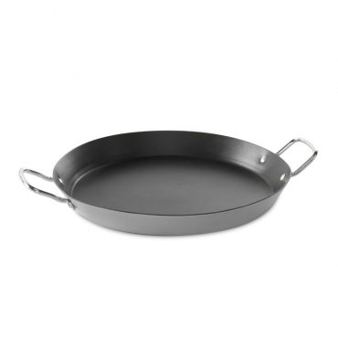 Nordic Ware aluminum paella pan with two side handles, wide shallow circular design, natural silver finish