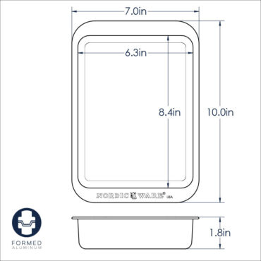 Nordic Ware Naturals aluminum rectangular baker with dimensional measurements and specifications diagram