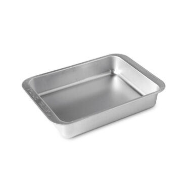 Nordic Ware aluminum rectangular baking dish with raised edges, natural silver finish, compact size