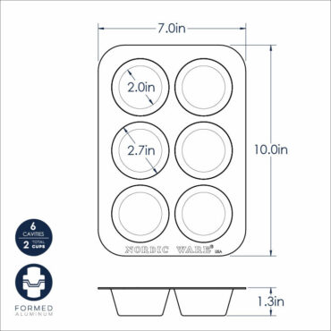 Nordic Ware Naturals aluminum compact muffin pan with 12 cups, natural silver finish, dimensional diagram overlay