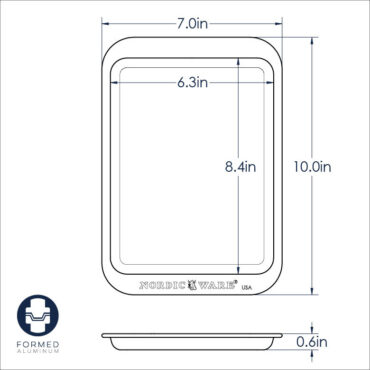 Nordic Ware Naturals aluminum compact baking sheet with dimensional measurements diagram overlay