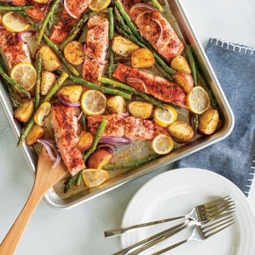Nordic Ware aluminum big sheet pan with roasted salmon, asparagus, potatoes and lemon slices