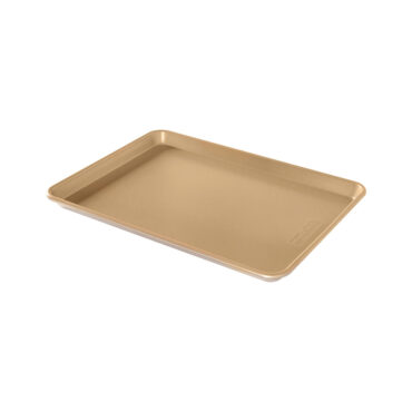 Nordic Ware nonstick half sheet baking pan, rectangular aluminum with golden coating and raised rim