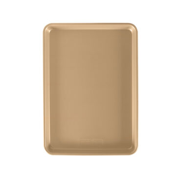 Nordic Ware nonstick aluminum half sheet baking pan, rectangular with raised rim, golden bronze finish