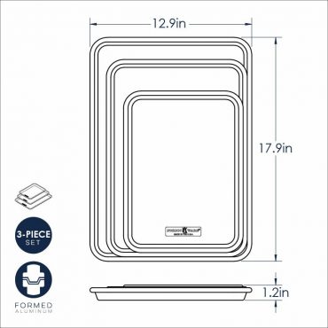 Nordic Ware Naturals 3-piece aluminum baking pan set dimensional drawing showing nested rectangular pans