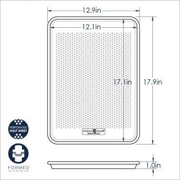Nordic Ware aluminum perforated half sheet pan with evenly spaced holes, natural silver finish, rectangular shape