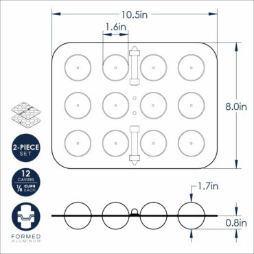 Nordic Ware donut hole and cake pop pan dimensional drawing showing 12 round cavities with measurements
