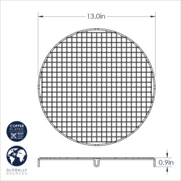 Nordic Ware round copper cooling grid technical drawing, 13-inch diameter with wire mesh pattern
