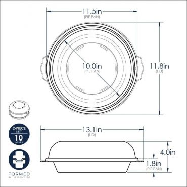 Nordic Ware Naturals aluminum high dome covered pie pan technical drawing with dimensions, 10-inch capacity
