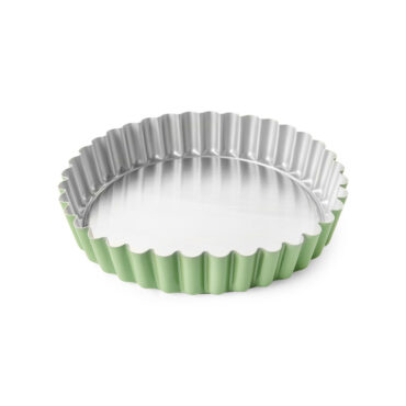 Nordic Ware aluminum quiche pan with fluted edges, removable bottom, mint green exterior coating